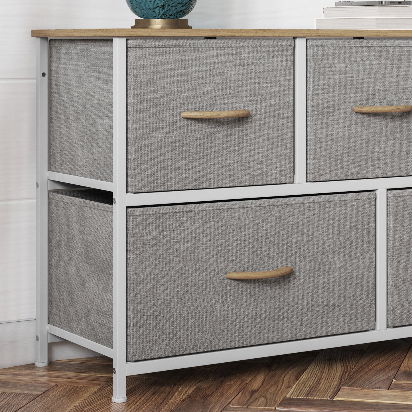 Harris 5 Drawer Vertical Storage Dresser with White Cast Iron Frame, Oak Wood Top and Beige Easy Pull Fabric Drawers with Natural Wooden Handles
