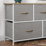 Harris 5 Drawer Vertical Storage Dresser with White Cast Iron Frame, Oak Wood Top and Beige Easy Pull Fabric Drawers with Natural Wooden Handles