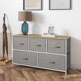 Harris 5 Drawer Vertical Storage Dresser with White Cast Iron Frame, Oak Wood Top and Beige Easy Pull Fabric Drawers with Natural Wooden Handles