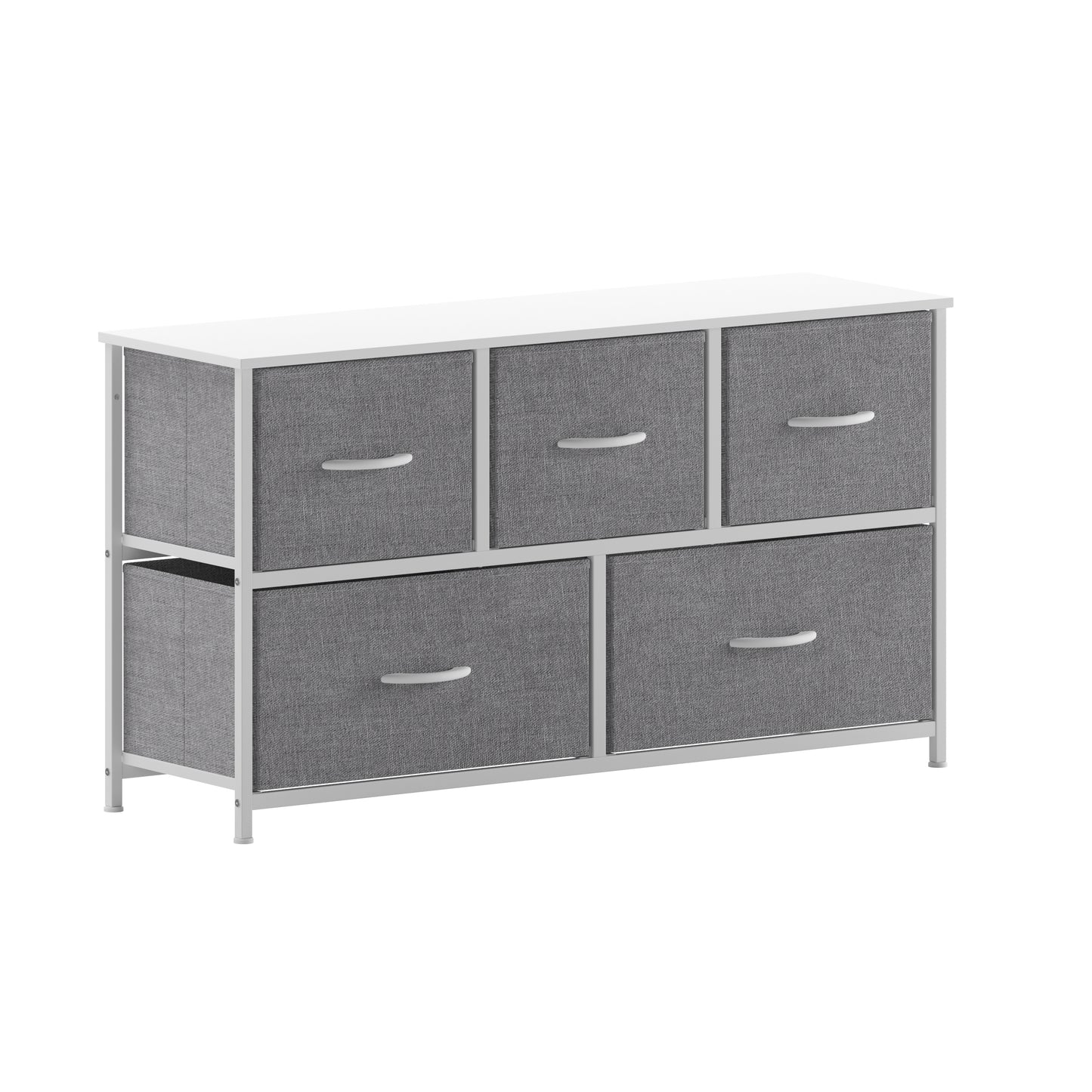 Harris 5 Drawer Vertical Storage Dresser with White Cast Iron Frame, White Wood Top and Gray Easy Pull Fabric Drawers with White Wooden Handles