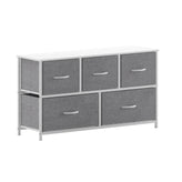 Harris 5 Drawer Vertical Storage Dresser with White Cast Iron Frame, White Wood Top and Gray Easy Pull Fabric Drawers with White Wooden Handles