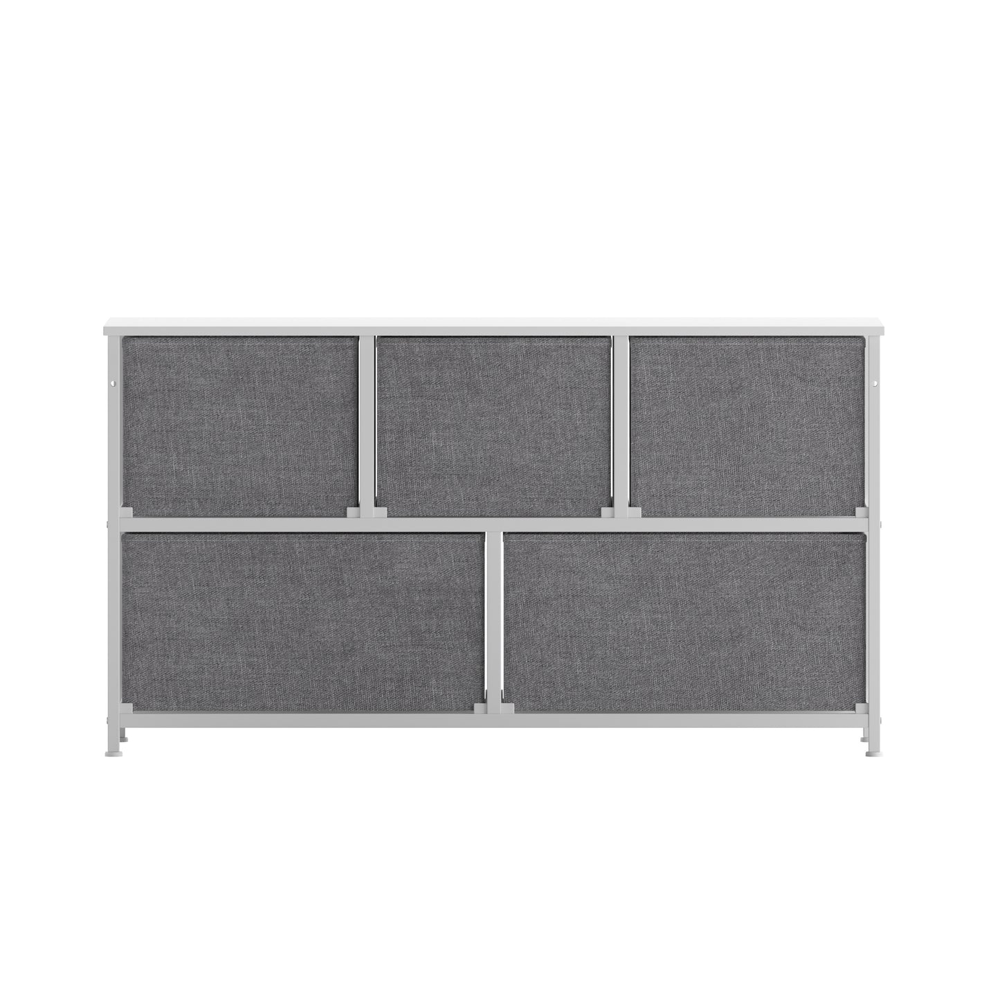 Harris 5 Drawer Vertical Storage Dresser with White Cast Iron Frame, White Wood Top and Gray Easy Pull Fabric Drawers with White Wooden Handles