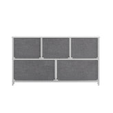 Harris 5 Drawer Vertical Storage Dresser with White Cast Iron Frame, White Wood Top and Gray Easy Pull Fabric Drawers with White Wooden Handles