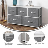 Harris 5 Drawer Vertical Storage Dresser with White Cast Iron Frame, White Wood Top and Gray Easy Pull Fabric Drawers with White Wooden Handles