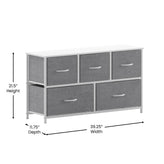 Harris 5 Drawer Vertical Storage Dresser with White Cast Iron Frame, White Wood Top and Gray Easy Pull Fabric Drawers with White Wooden Handles