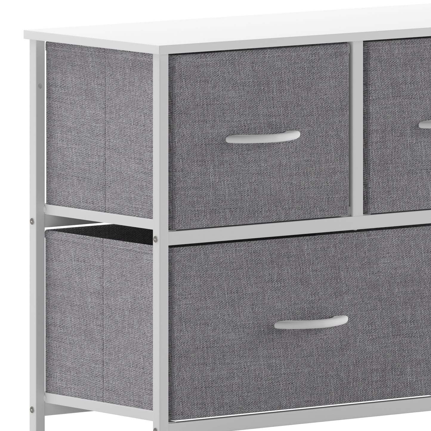 Harris 5 Drawer Vertical Storage Dresser with White Cast Iron Frame, White Wood Top and Gray Easy Pull Fabric Drawers with White Wooden Handles