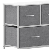 Harris 5 Drawer Vertical Storage Dresser with White Cast Iron Frame, White Wood Top and Gray Easy Pull Fabric Drawers with White Wooden Handles