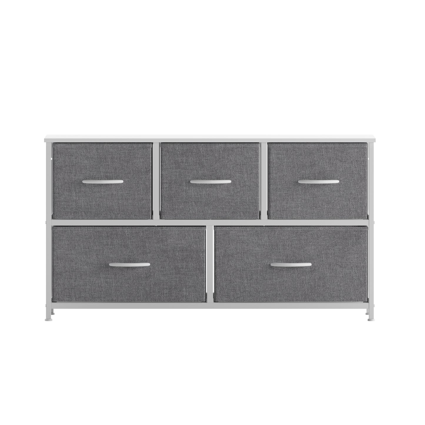 Harris 5 Drawer Vertical Storage Dresser with White Cast Iron Frame, White Wood Top and Gray Easy Pull Fabric Drawers with White Wooden Handles