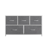 Harris 5 Drawer Vertical Storage Dresser with White Cast Iron Frame, White Wood Top and Gray Easy Pull Fabric Drawers with White Wooden Handles