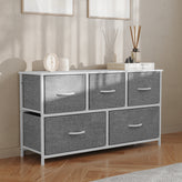 Harris 5 Drawer Vertical Storage Dresser with White Cast Iron Frame, White Wood Top and Gray Easy Pull Fabric Drawers with White Wooden Handles
