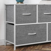 Harris 5 Drawer Vertical Storage Dresser with White Cast Iron Frame, White Wood Top and Gray Easy Pull Fabric Drawers with White Wooden Handles