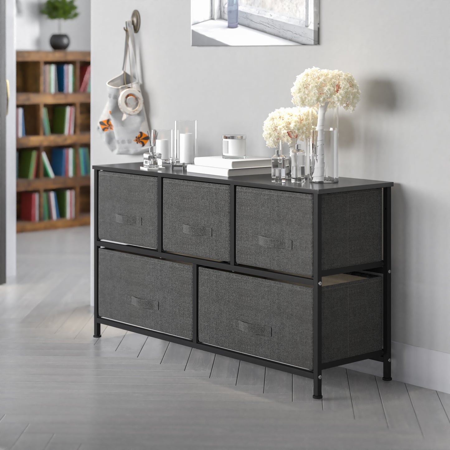 Harris 5 Drawer Wood Top Black Cast Iron Frame Vertical Storage Dresser with Dark Gray Easy Pull Fabric Drawers