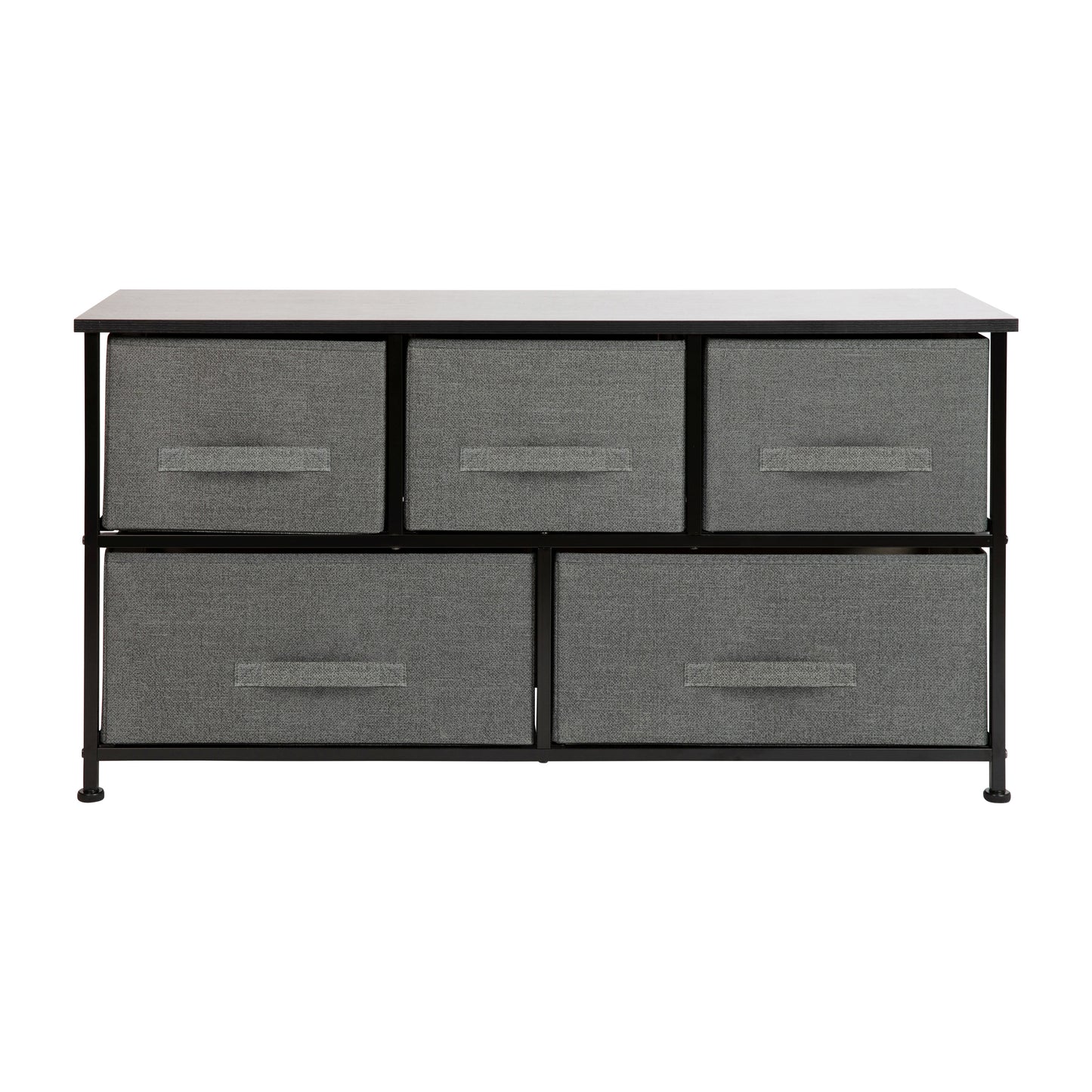 Harris 5 Drawer Wood Top Black Cast Iron Frame Vertical Storage Dresser with Dark Gray Easy Pull Fabric Drawers