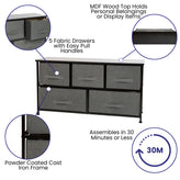 Harris 5 Drawer Wood Top Black Cast Iron Frame Vertical Storage Dresser with Dark Gray Easy Pull Fabric Drawers