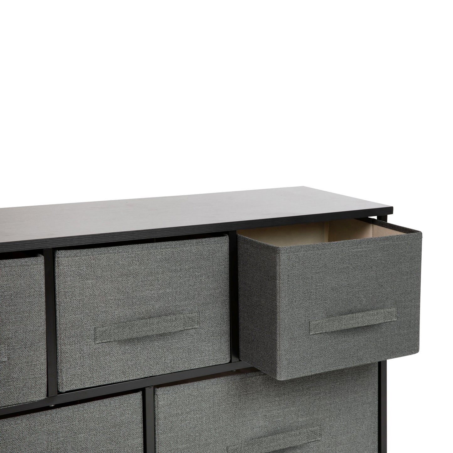 Harris 5 Drawer Wood Top Black Cast Iron Frame Vertical Storage Dresser with Dark Gray Easy Pull Fabric Drawers