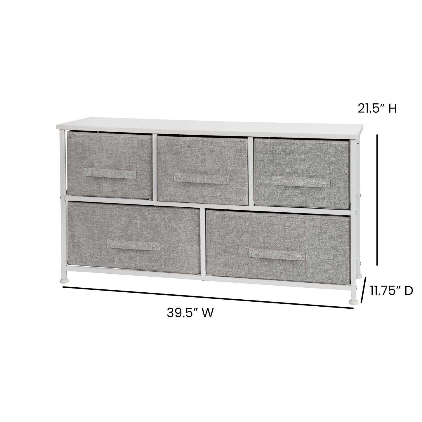 Harris 5 Drawer Wood Top White Cast Iron Frame Vertical Storage Dresser with Light Gray Easy Pull Fabric Drawers