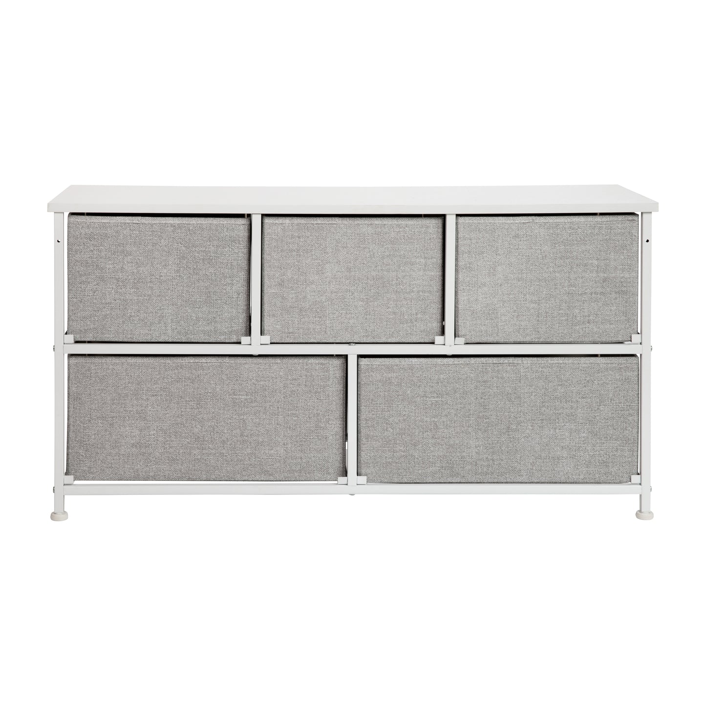 Harris 5 Drawer Wood Top White Cast Iron Frame Vertical Storage Dresser with Light Gray Easy Pull Fabric Drawers