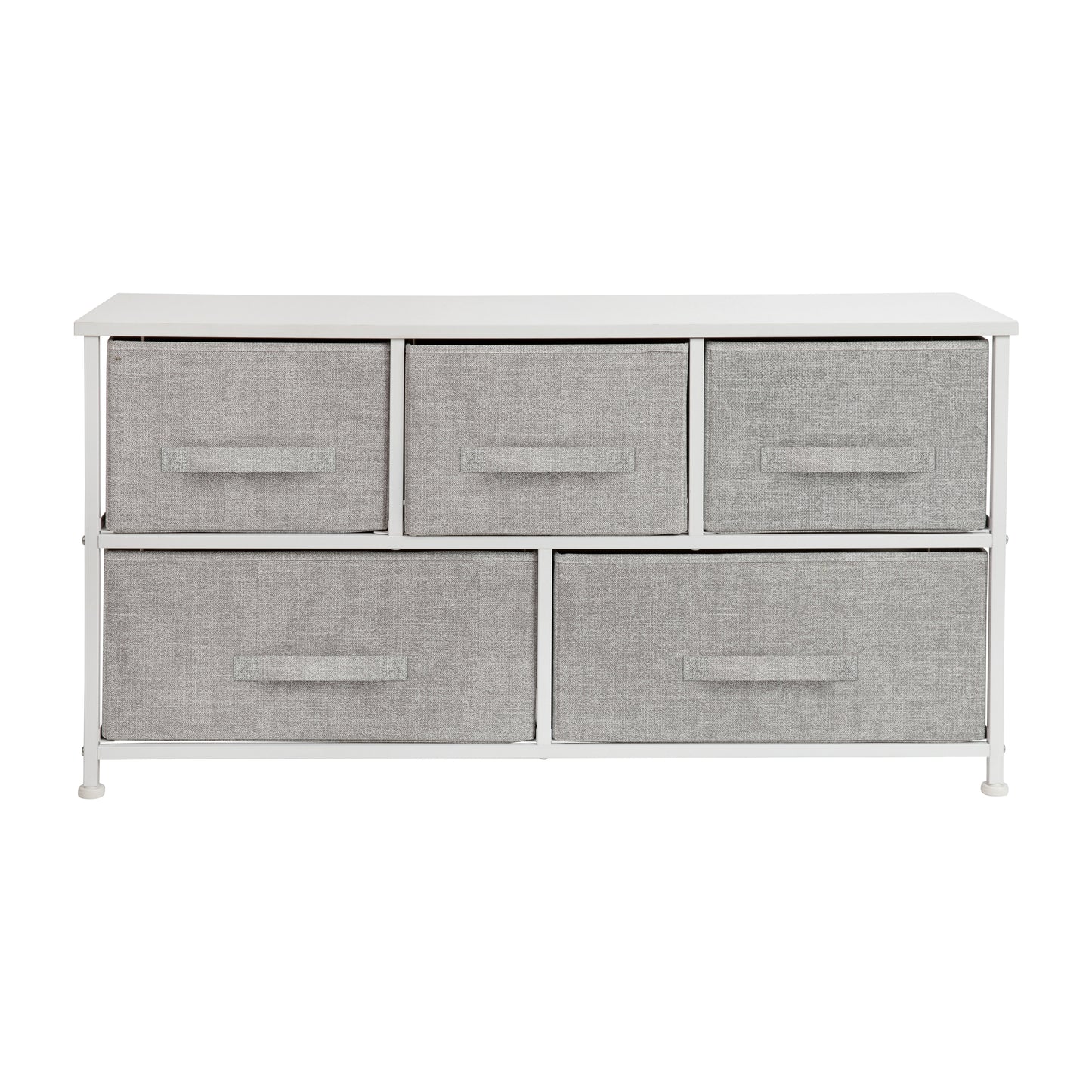 Harris 5 Drawer Wood Top White Cast Iron Frame Vertical Storage Dresser with Light Gray Easy Pull Fabric Drawers