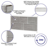Harris 5 Drawer Wood Top White Cast Iron Frame Vertical Storage Dresser with Light Gray Easy Pull Fabric Drawers