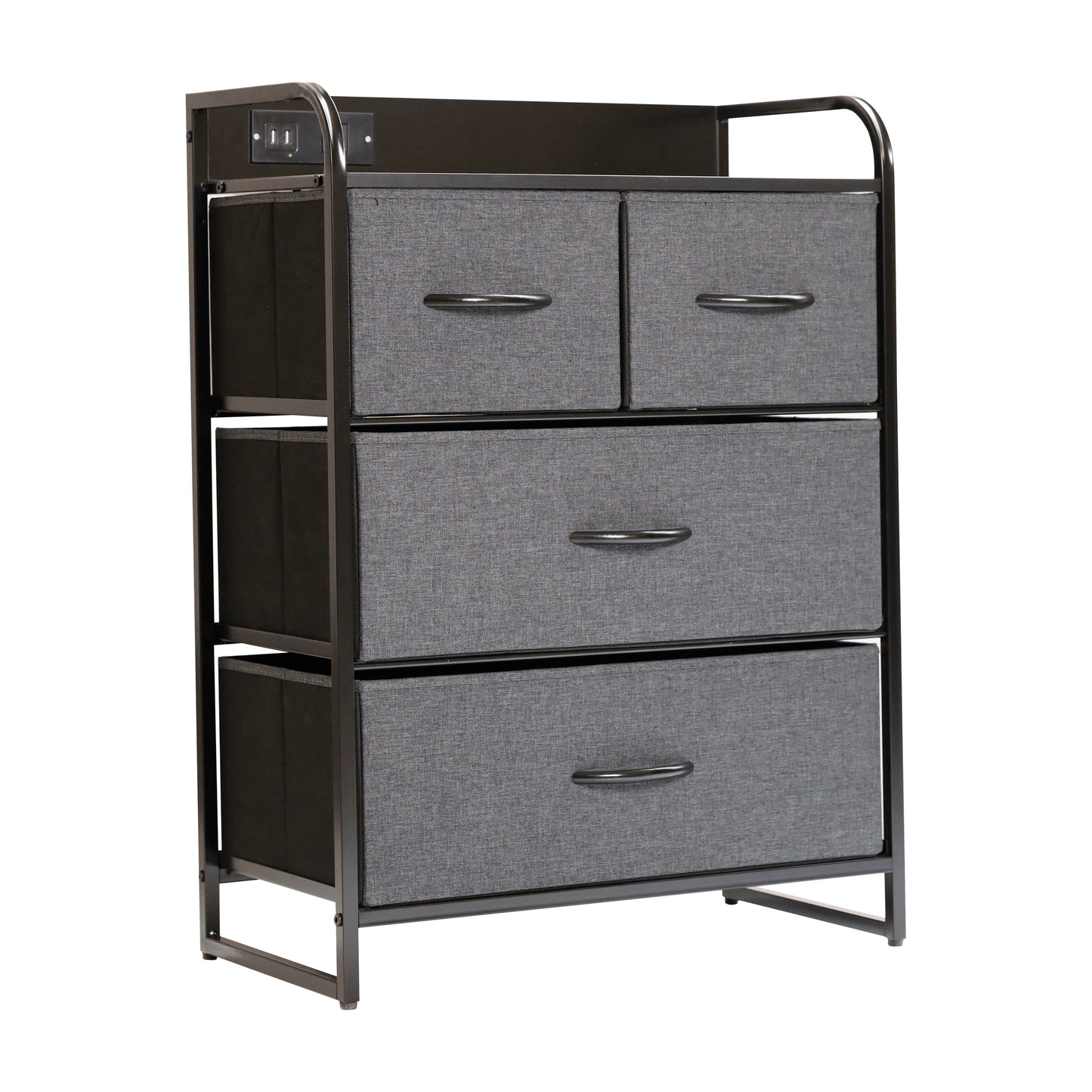 Sodano 4 Drawer Nightstand with Charging Station, 2 USB Ports, 1 Outlet, Black Metal Frame, Black Engineered Wood Top, Charcoal Drawers, Black Handles