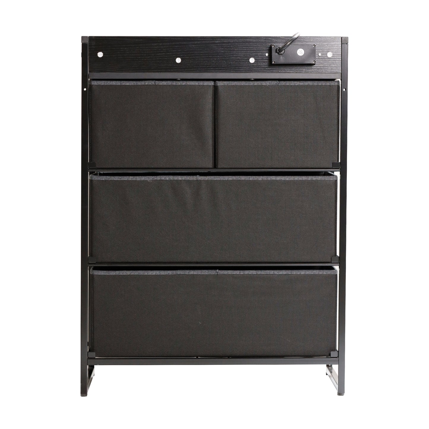 Sodano 4 Drawer Nightstand with Charging Station, 2 USB Ports, 1 Outlet, Black Metal Frame, Black Engineered Wood Top, Charcoal Drawers, Black Handles