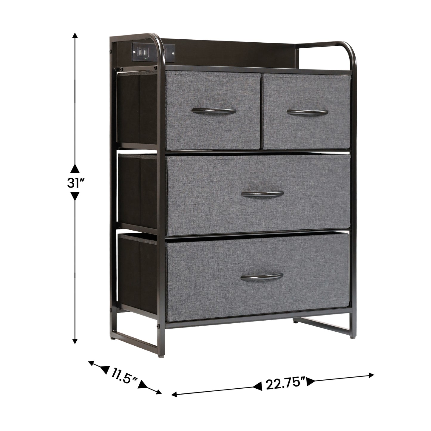 Sodano 4 Drawer Nightstand with Charging Station, 2 USB Ports, 1 Outlet, Black Metal Frame, Black Engineered Wood Top, Charcoal Drawers, Black Handles