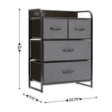 Sodano 4 Drawer Nightstand with Charging Station, 2 USB Ports, 1 Outlet, Black Metal Frame, Black Engineered Wood Top, Charcoal Drawers, Black Handles