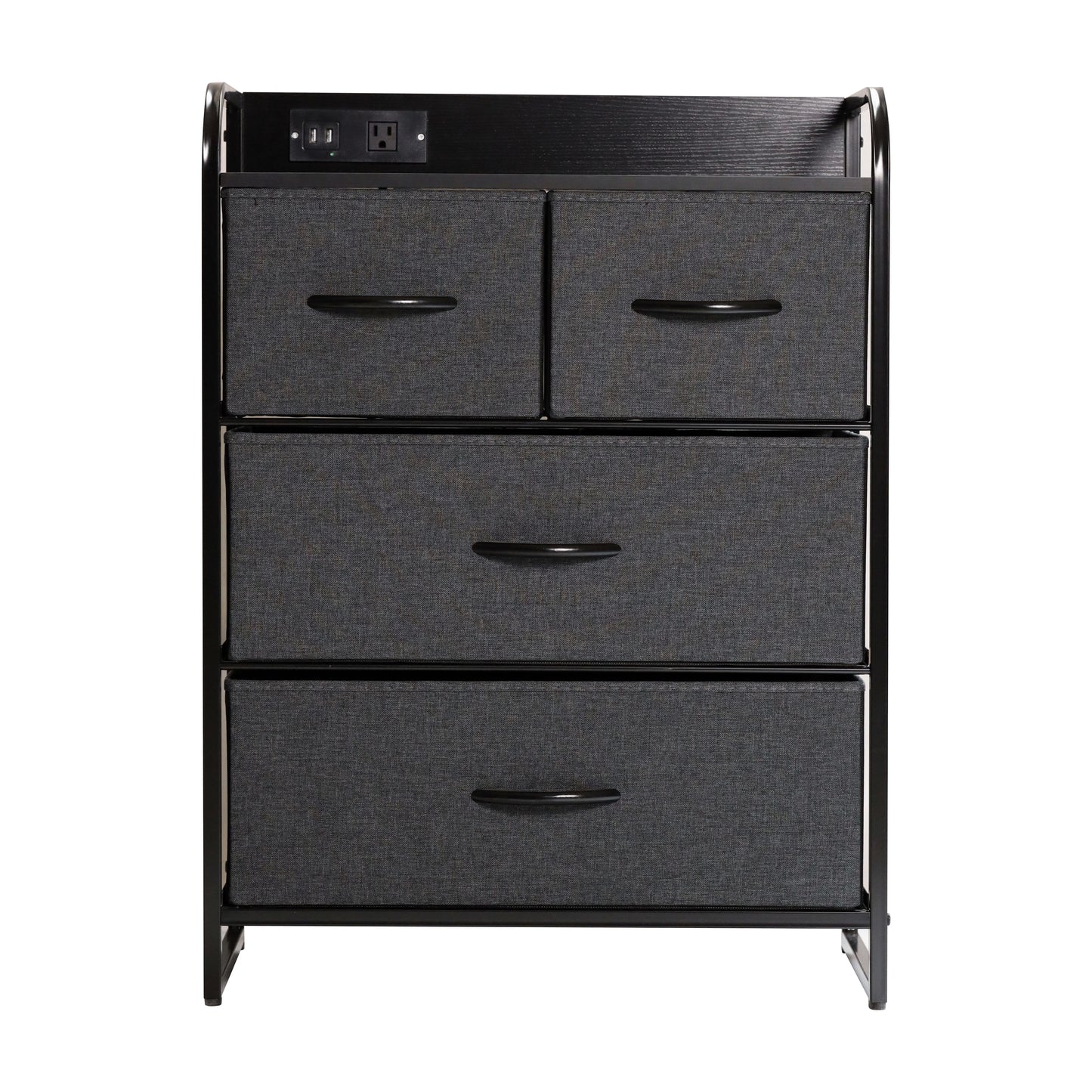 Sodano 4 Drawer Nightstand with Charging Station, 2 USB Ports, 1 Outlet, Black Metal Frame, Black Engineered Wood Top, Charcoal Drawers, Black Handles