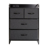 Sodano 4 Drawer Nightstand with Charging Station, 2 USB Ports, 1 Outlet, Black Metal Frame, Black Engineered Wood Top, Charcoal Drawers, Black Handles