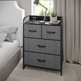 Sodano 4 Drawer Nightstand with Charging Station, 2 USB Ports, 1 Outlet, Black Metal Frame, Black Engineered Wood Top, Charcoal Drawers, Black Handles