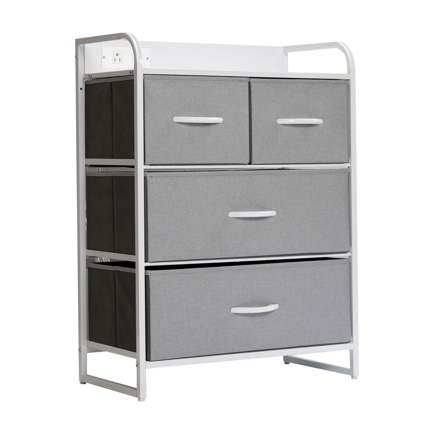 Sodano 4 Drawer Nightstand with Charging Station, 2 USB Ports, 1 Outlet, White Metal Frame, White Engineered Wood Top, Gray Drawers, White Handles