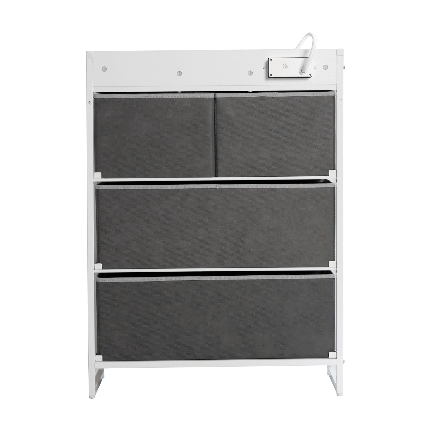 Sodano 4 Drawer Nightstand with Charging Station, 2 USB Ports, 1 Outlet, White Metal Frame, White Engineered Wood Top, Gray Drawers, White Handles
