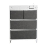 Sodano 4 Drawer Nightstand with Charging Station, 2 USB Ports, 1 Outlet, White Metal Frame, White Engineered Wood Top, Gray Drawers, White Handles