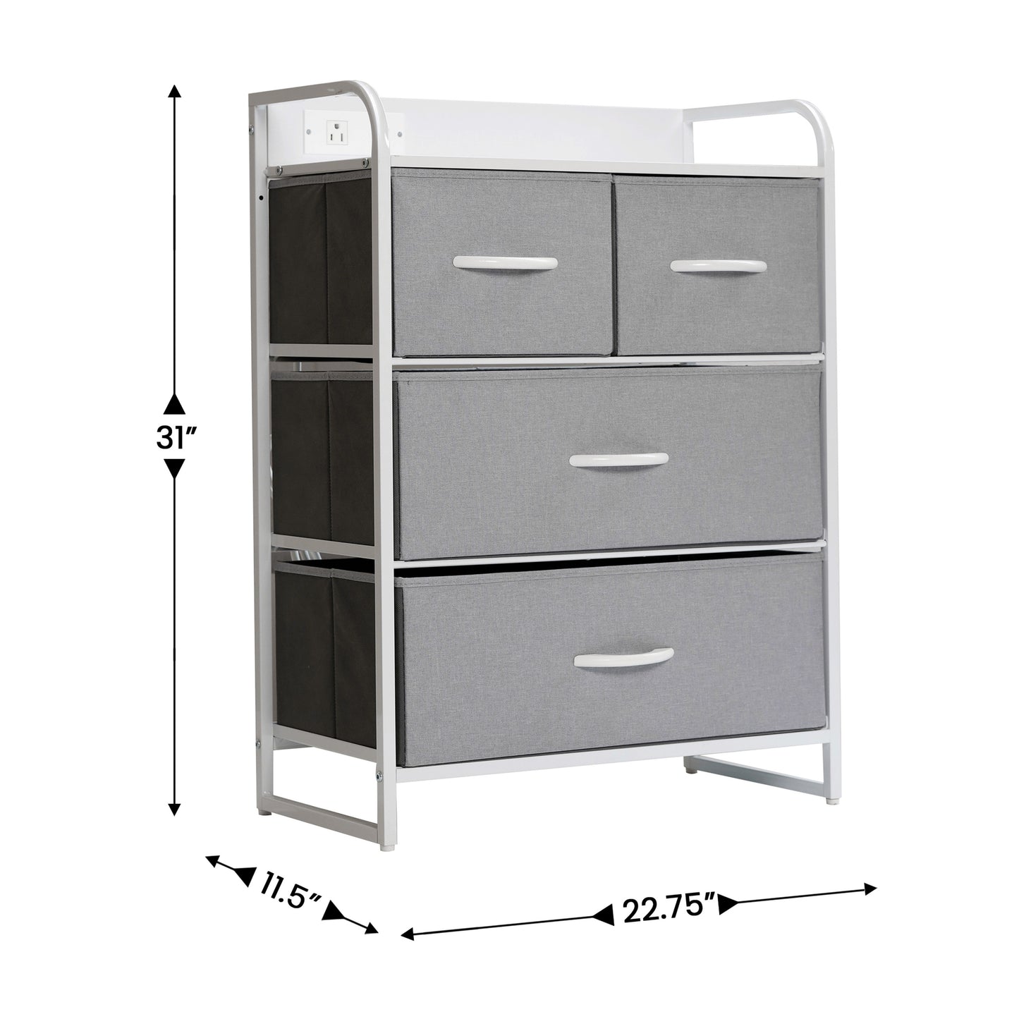 Sodano 4 Drawer Nightstand with Charging Station, 2 USB Ports, 1 Outlet, White Metal Frame, White Engineered Wood Top, Gray Drawers, White Handles
