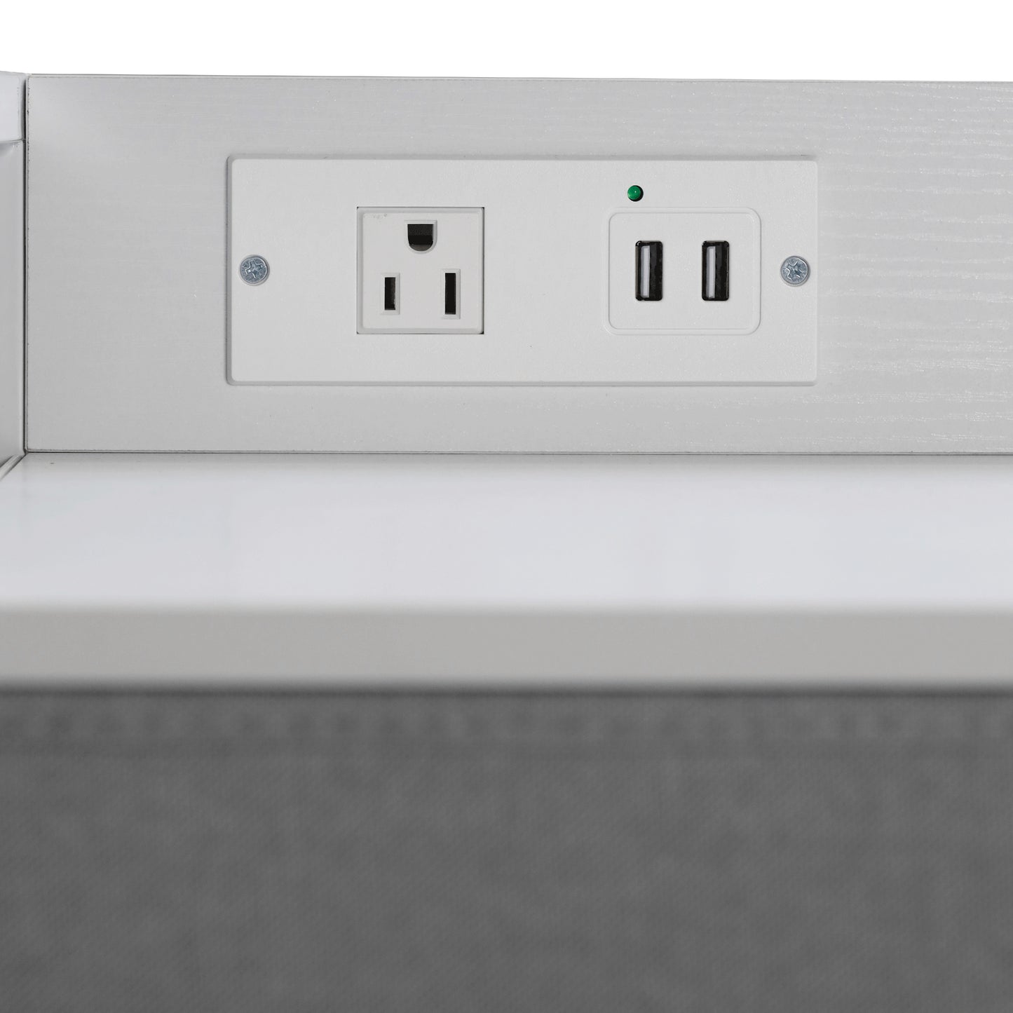 Sodano 4 Drawer Nightstand with Charging Station, 2 USB Ports, 1 Outlet, White Metal Frame, White Engineered Wood Top, Gray Drawers, White Handles