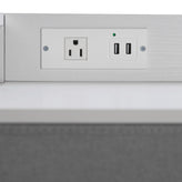 Sodano 4 Drawer Nightstand with Charging Station, 2 USB Ports, 1 Outlet, White Metal Frame, White Engineered Wood Top, Gray Drawers, White Handles