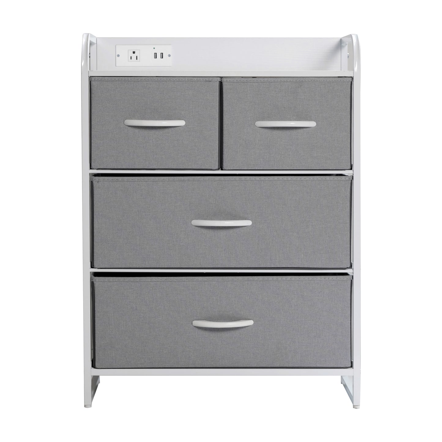 Sodano 4 Drawer Nightstand with Charging Station, 2 USB Ports, 1 Outlet, White Metal Frame, White Engineered Wood Top, Gray Drawers, White Handles