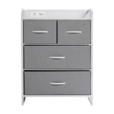 Sodano 4 Drawer Nightstand with Charging Station, 2 USB Ports, 1 Outlet, White Metal Frame, White Engineered Wood Top, Gray Drawers, White Handles