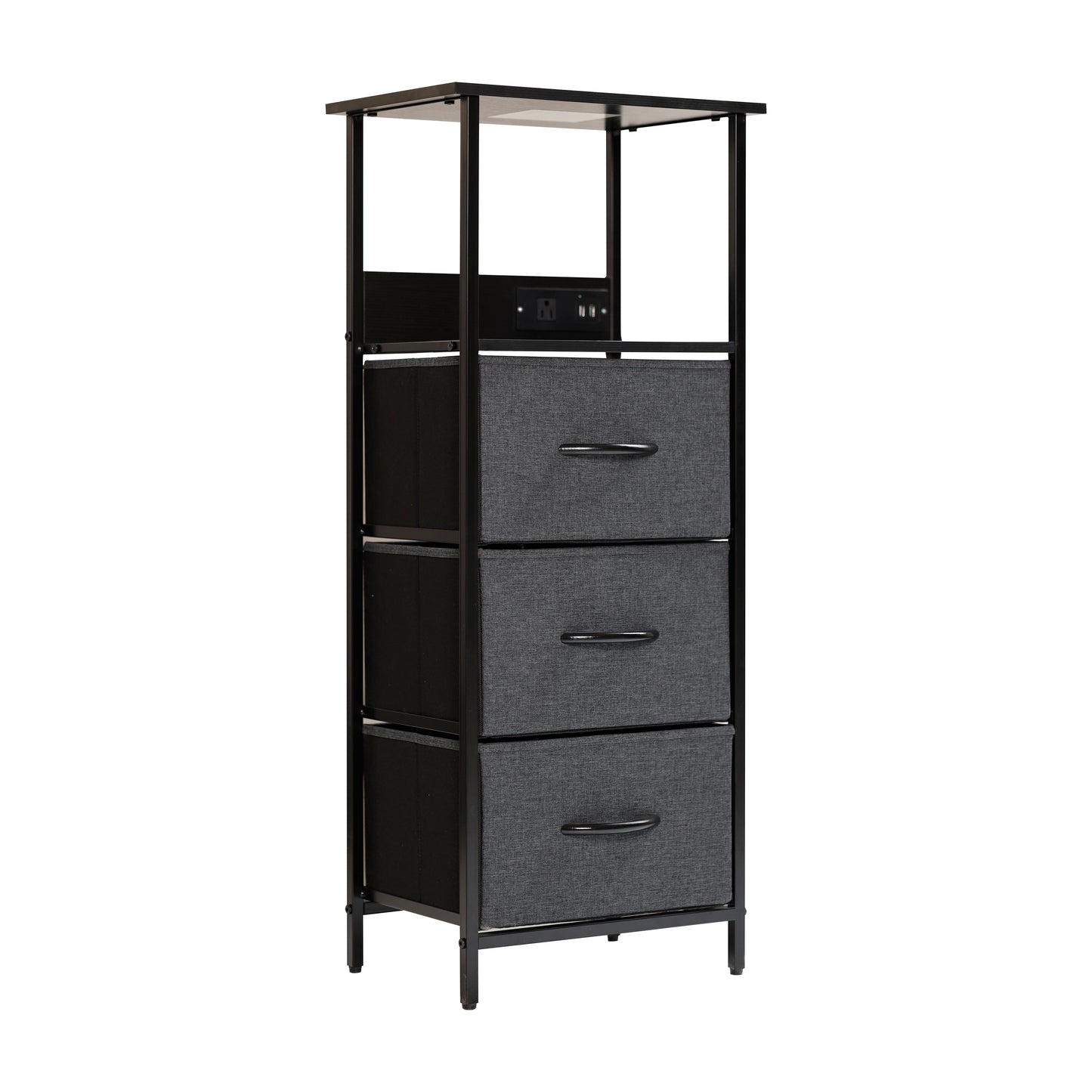 Sodano 3 Drawer Nightstand with Charging Station, 2 USB Ports, 1 Outlet, Black Metal Frame, Black Engineered Wood Top, Charcoal Drawers, Black Handles