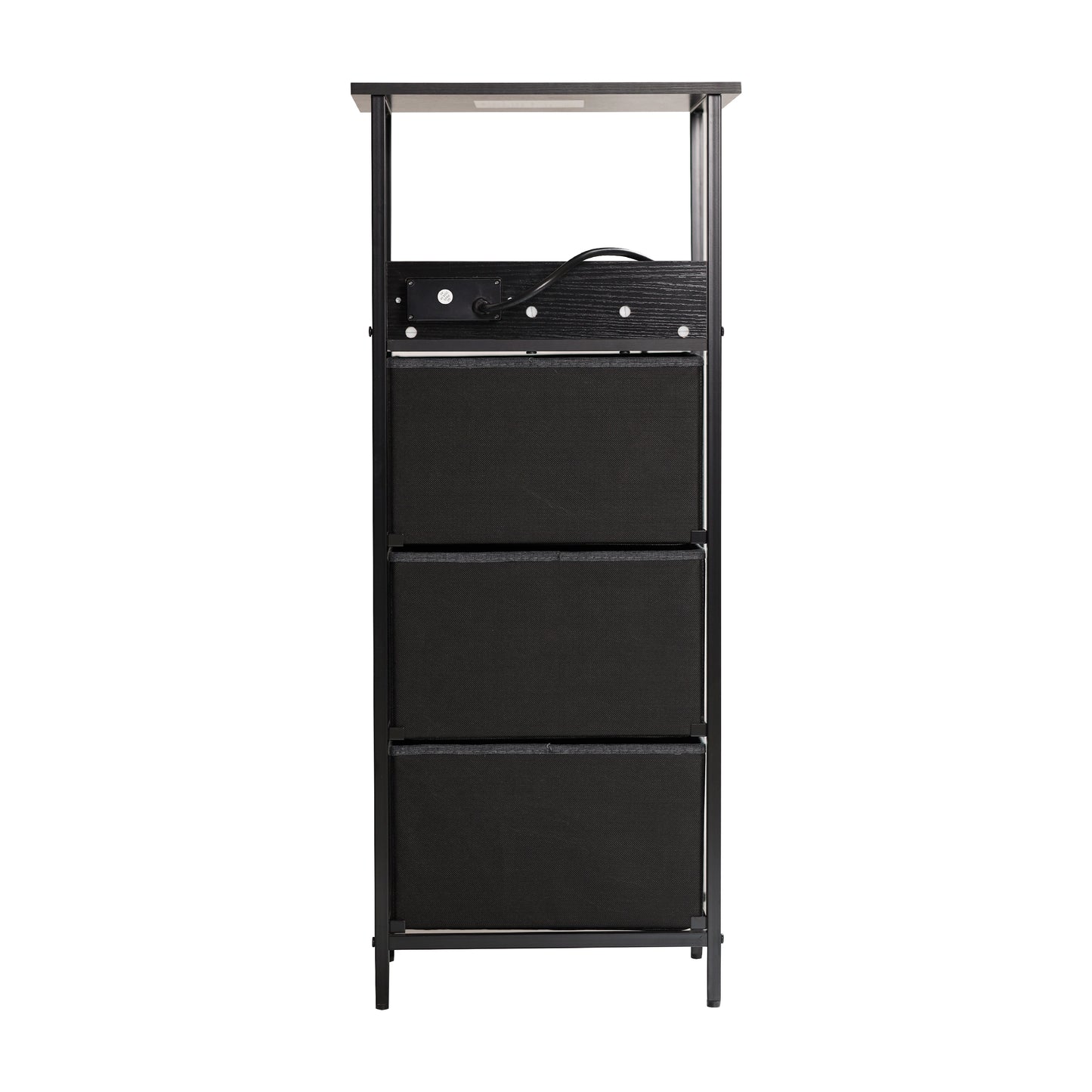 Sodano 3 Drawer Nightstand with Charging Station, 2 USB Ports, 1 Outlet, Black Metal Frame, Black Engineered Wood Top, Charcoal Drawers, Black Handles