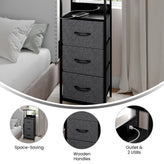 Sodano 3 Drawer Nightstand with Charging Station, 2 USB Ports, 1 Outlet, Black Metal Frame, Black Engineered Wood Top, Charcoal Drawers, Black Handles