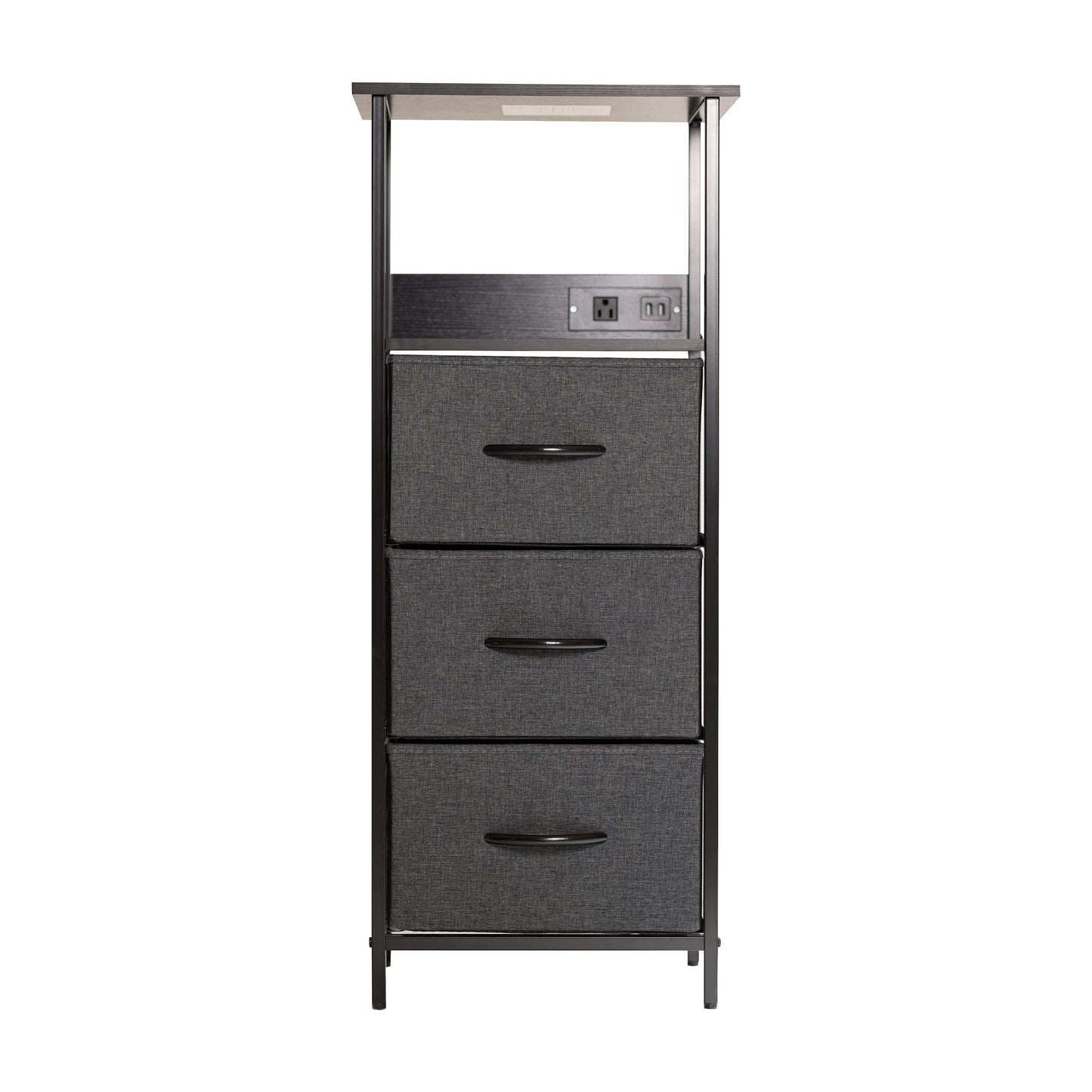 Sodano 3 Drawer Nightstand with Charging Station, 2 USB Ports, 1 Outlet, Black Metal Frame, Black Engineered Wood Top, Charcoal Drawers, Black Handles