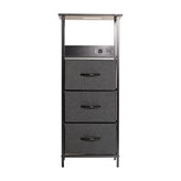 Sodano 3 Drawer Nightstand with Charging Station, 2 USB Ports, 1 Outlet, Black Metal Frame, Black Engineered Wood Top, Charcoal Drawers, Black Handles