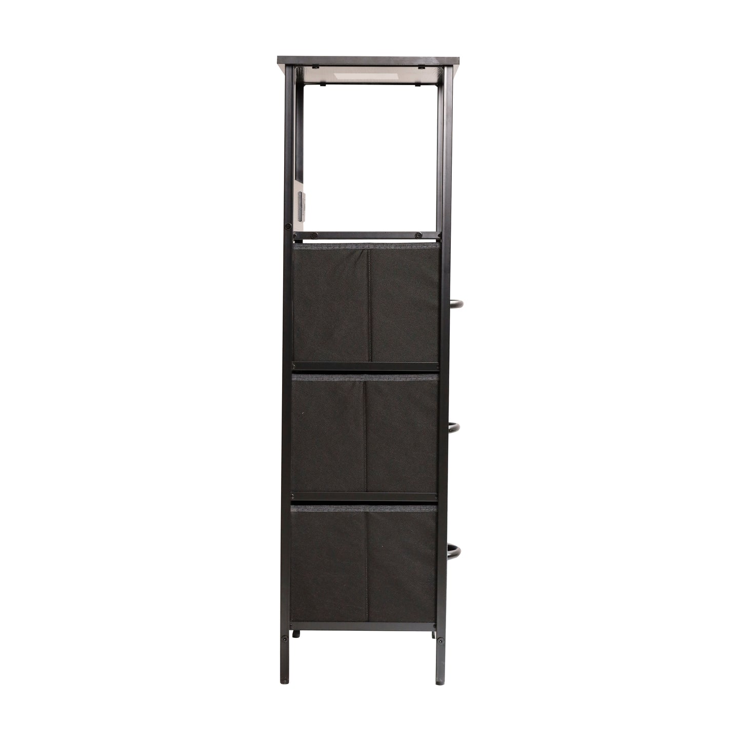 Sodano 3 Drawer Nightstand with Charging Station, 2 USB Ports, 1 Outlet, Black Metal Frame, Black Engineered Wood Top, Charcoal Drawers, Black Handles