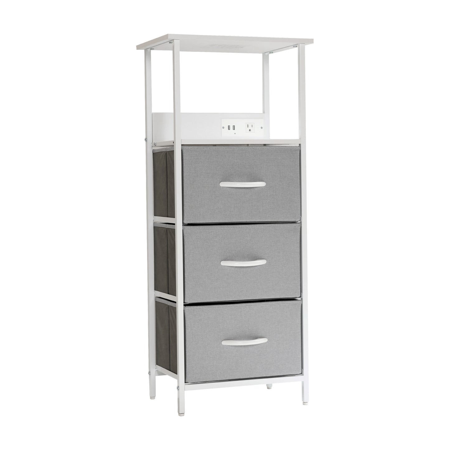 Sodano 3 Drawer Nightstand with Charging Station, 2 USB Ports, 1 Outlet, White Metal Frame, White Engineered Wood Top, Gray Drawers, White Handles