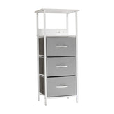 Sodano 3 Drawer Nightstand with Charging Station, 2 USB Ports, 1 Outlet, White Metal Frame, White Engineered Wood Top, Gray Drawers, White Handles