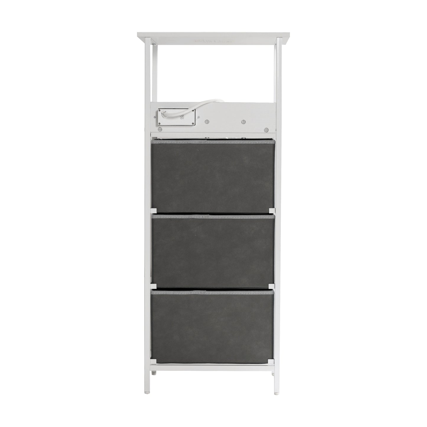 Sodano 3 Drawer Nightstand with Charging Station, 2 USB Ports, 1 Outlet, White Metal Frame, White Engineered Wood Top, Gray Drawers, White Handles