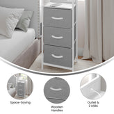 Sodano 3 Drawer Nightstand with Charging Station, 2 USB Ports, 1 Outlet, White Metal Frame, White Engineered Wood Top, Gray Drawers, White Handles