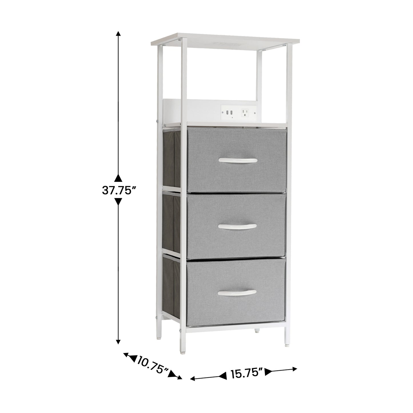 Sodano 3 Drawer Nightstand with Charging Station, 2 USB Ports, 1 Outlet, White Metal Frame, White Engineered Wood Top, Gray Drawers, White Handles