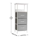 Sodano 3 Drawer Nightstand with Charging Station, 2 USB Ports, 1 Outlet, White Metal Frame, White Engineered Wood Top, Gray Drawers, White Handles